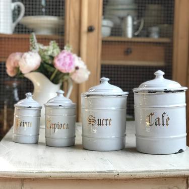 Beautiful enamelware set of vi rage French kitchen canister 