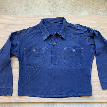 Vintage Denim Blue Popover Shirt | Indigo Two Button French Workwear style Pullover | S M L 