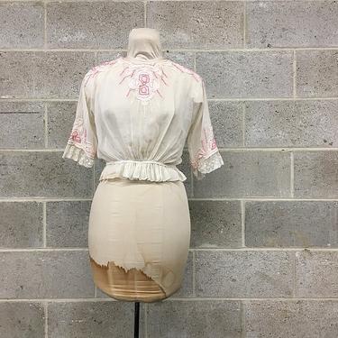 Vintage Embroidered Peasant Blouse Retro 50's White and Pink Sheer Ethnic Style Mexican Top 