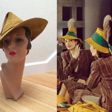 Reflection Perfection - Vintage 1930s 1940s Golden Yellow Suede Leather Fedora Tyrolean Hat - Rare - Museum Quality 