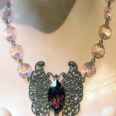French Necklace:  Silver Lace Butterfly w/Red Purple Stone by CafeSocietyStore
