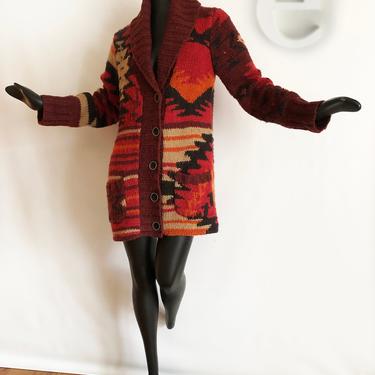 Vintage Southwest Sweater Coat | Hippie Boho Indian Blanket Cardigan | Orange Red Rust Pendleton Style Hand Knit | 1970s Style | Size Large 