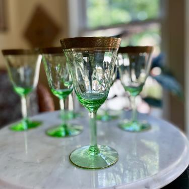 2 Tiffin Franciscan Rambler Rose Uranium or Vaseline Green Wine Glasses Goblets, Optic Paneled, Gold Encrusted, Mid Century Collectible 