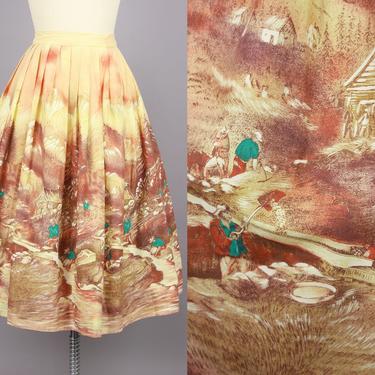 1950s John Wolf GOLD RUSH Skirt | Vintage 50s Scenic Novelty Print Cotton Skirt | small / medium 