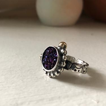 Purple Druzy Mood Ring Handmade in Sterling Silver and 14k Gold with Face Band 