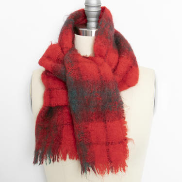 1960s Scarf Mohair Wool Red Plaid Knit Wrap 