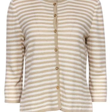St. John - Beige & White Striped Knit Button-Up Cardigan Sz M