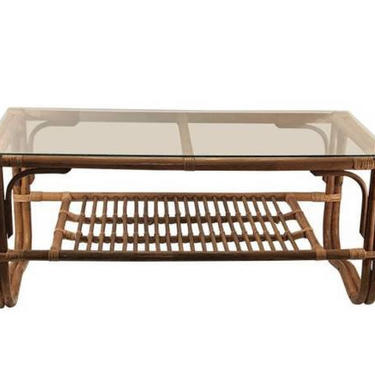 20th Century Safari Bamboo and Rattan Coffee Table with Glass Top 
