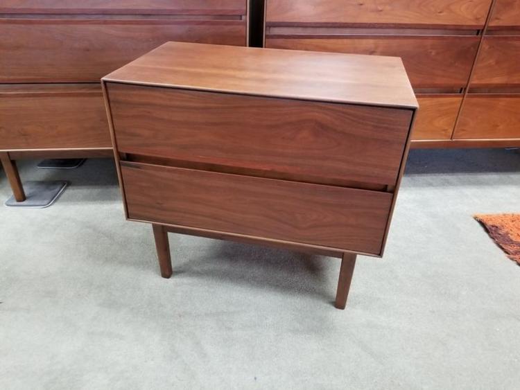 Mid-Century Modern two drawer walnut nightstand with rosewood trim
