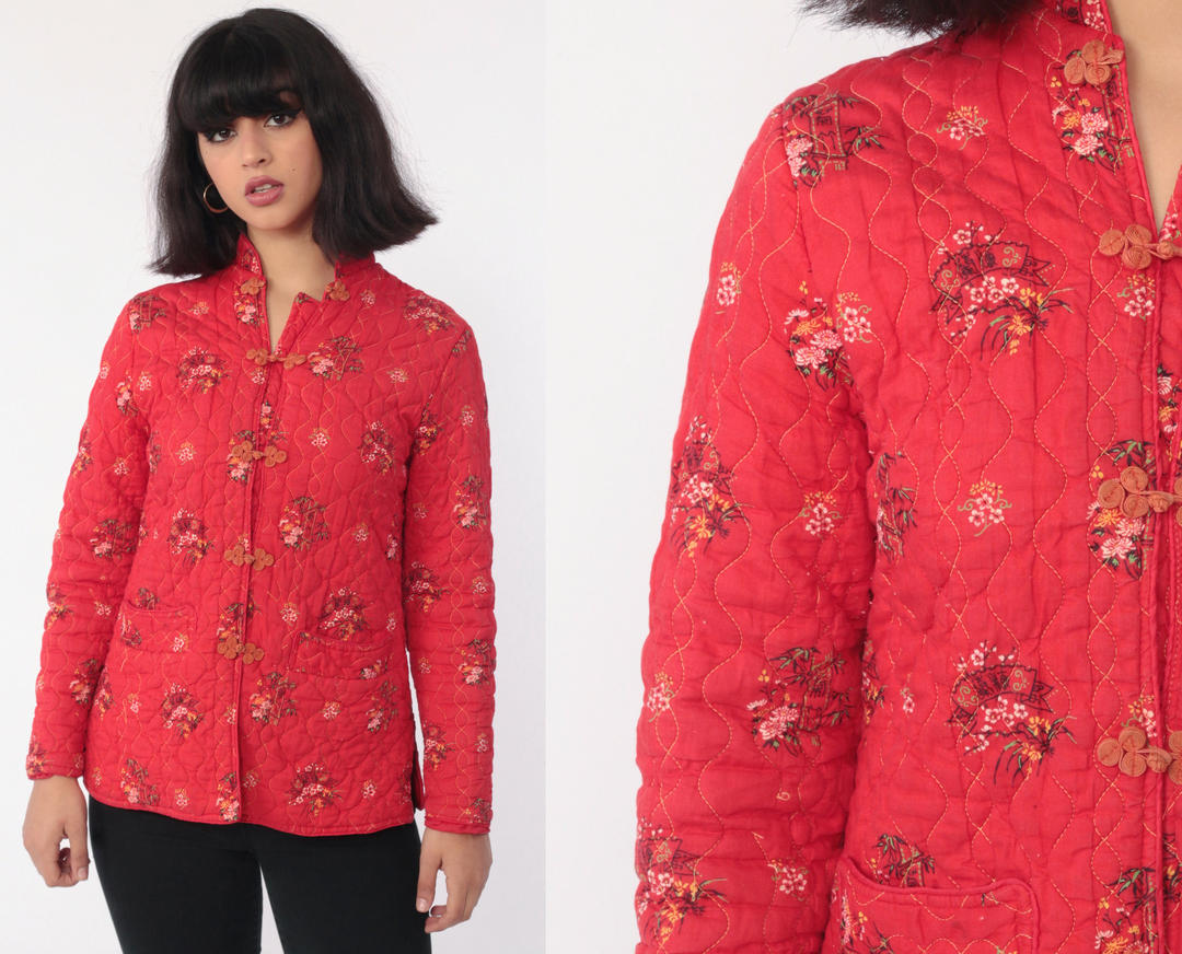 Vintage 70s Red Yellow Asian Chinese Quilted Puffy Coat Jacket Embroidered Hippie