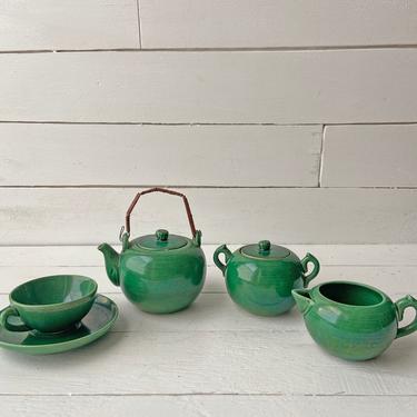 Vintage Green Children's Tea Set With Tea Pot, Sugar Bowl, Creamer, Tea Cup | Midcentury Play Set, Dollhouse Tea Set, Little Girl Gift 