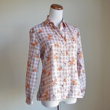 Vintage Collared Blouse, Button Down Shirt, Checked Shirt, Button Up Blouse, Brown Plaid and Orange Rose Print, Medium 