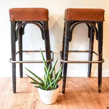 Set of 2 Industrial Metal and Wood Base Stools with Brown Nagahide Seats (Sold as a set) 