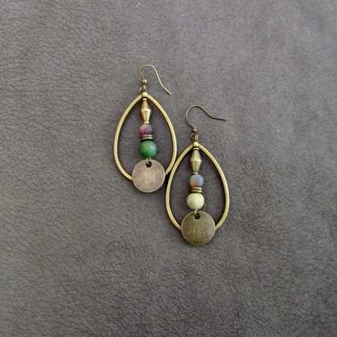 Bronze hoop earrings, bohemian earrings, rustic boho earrings, artisan ethnic earrings, tear drop hoop earrings, green stone earrings 