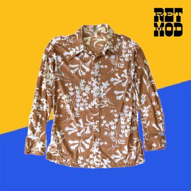 Groovy Vintage 70s Brown & White Floral Leaves Print Long Sleeve Button Down Men's Shirt 