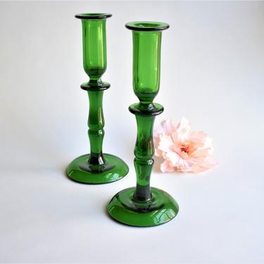 Vintage Green Glass Candlesticks | Taper Candle Holders Emerald Pine Grass Green | Tall Glass Holiday Candlesticks Pairpoint Steuben Style 