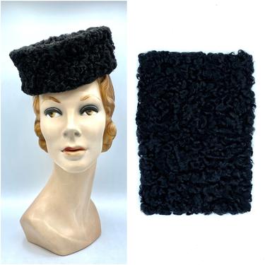 Vintage 1940s 1950s Curly Lamb Tilt Hat and Purse Set, 40s 50s Black Persian Lamb Pillbox Hat with Matching Clutch, One Size by RanchQueenVintage