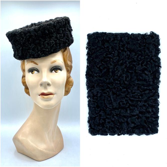 Vintage 1940s 1950s Curly Lamb Tilt Hat and Purse Set, 40s 50s Black Persian Lamb Pillbox Hat with Matching Clutch, One Size 