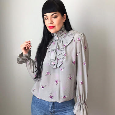 vintage 80s silk blouse | floral print ruffle front high ruffle collar | long sleeve cuffed blouse 