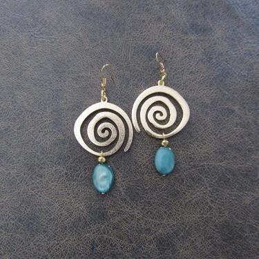 Large earrings, big statement bohemian earrings, bold spiral earrings, mother of pearl shell earrings, boho brass geometric earrings teal 
