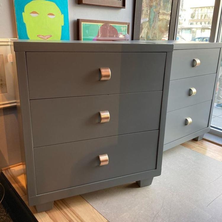 Gray painted 3 drawer chest. 2 available 30.5” x 19” x 33.5” Pulls are amazing. 