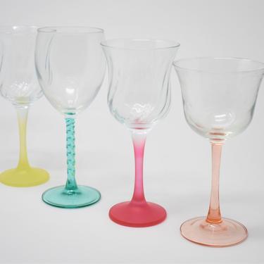 Vintage Chic Tutti Fruitti Wine Glass Set of 4 | Mix &amp; Match Cheerful Boho | Summer Fun Pink Teal Yellow Peach | 80s 90s Vintage Goblets 
