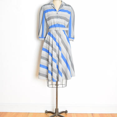 vintage 80s secretary dress blue gray striped shirtwaist midi dress M belted clothing 