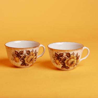 Set of 2 50s Vintage Beige Brown English Rose Gold Foil Tea Cups 