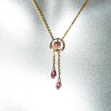 Victorian Rose Gold Filled Pink Tourmaline Lavalier, Faceted Pink Gemstones &amp; Pearl Seed Flower Pendant, Teardrop Tassels, , 17 3/4&amp;quot; L 