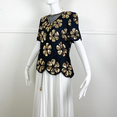 1980s Gold Sequin Black Silk Blouse / Medium 