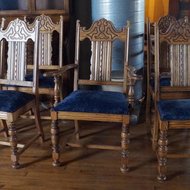 Wood Dining Chairs w Blue Fabric and Carved Backs