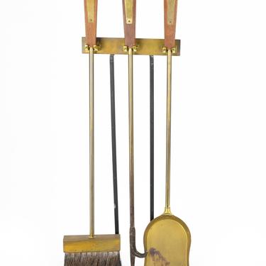Mid Century Brass and Walnut Fireplace Tool Set -mcm 