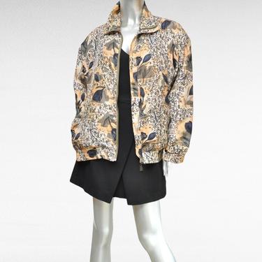Vintage Silk Floral Print 80s 90s Track Bomber Jacket Lightweight Womens Windbreaker 