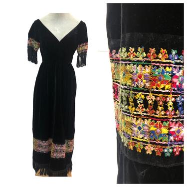 Vintage VTG 1970s 70s Lillie Rubin Designer Velvet Fringe Embroidered Maxi Gown Dress 