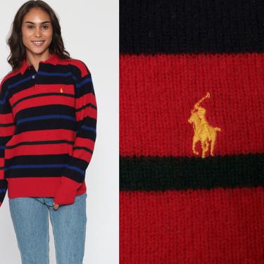 Ralph Lauren Sweater 90s STRIPED Wool Sweater Red Lambswool Sweater Polo Sport Knit Slouchy Pullover Jumper Vintage Blue Small Medium 