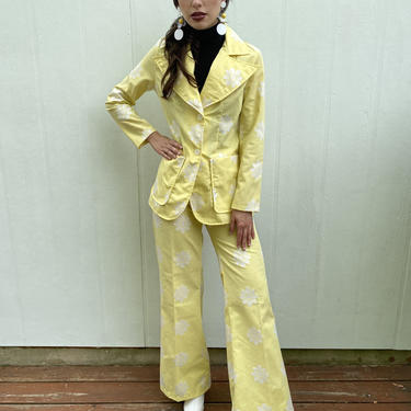 Vintage 70s Daisy print Embroidered Cotton High waist bell bottom Disco Yellow Blazer Jacket set suit S M 
