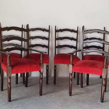 Vintage French Country Carved Mahogany Wood Ladder Back Dining Chairs- Set of 6 