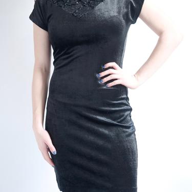 Black Velvet Dress with Lace and Ribbon Neckline fits S - M 
