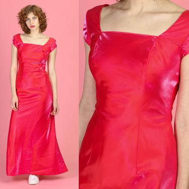 Vintage Coral Pink Shiny Evening Gown - Small, 4 | Y2K Wet Look Cap Sleeve Maxi Dress 