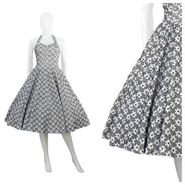 1950s Black & White Embroidered Daisy Print Dress - 1950s Fit and Flare Dress - 1950s Sun Dress - 1950s Halter Dress   | Size Small 