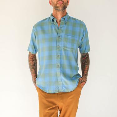 Vintage 60s Sportsman of California Cerulean Blue & Yellow Buffalo Plaid Rayon Gabardine Shirt | Rockabilly, Preppy | 1960s Gabardine Shirt 