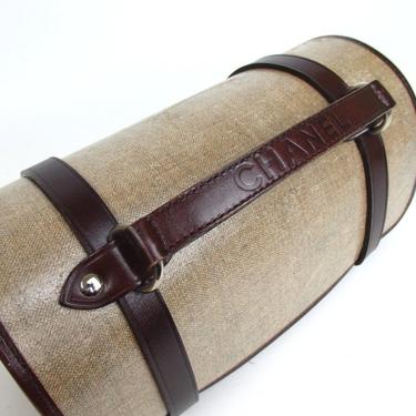 Vintage CHANEL Logo Linen &amp; Leather Barrel Top Handle Buckle Bag Purse Clutch - RARE Design!! 