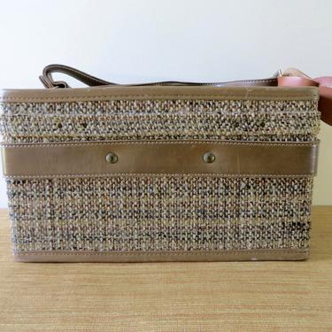Vintage Train Case - Vintage Hartmann Tweed Train Case - Tan Leather Brass Accents - Paisley Interior - Cosmetic Case 