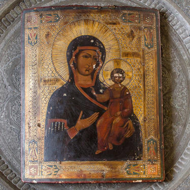 Antique Early 1800s Original Russian Icon Hand Painted Annunciation Our Lady of Kazan Madonna and Jesus 
