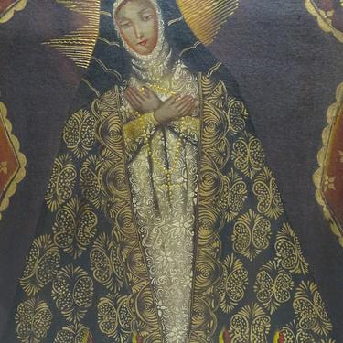Original Cuzco Oil Painting on Canvas, Madonna Retablo, Saint Mary, Vintage Religious Peru Folk Art, Unframed 