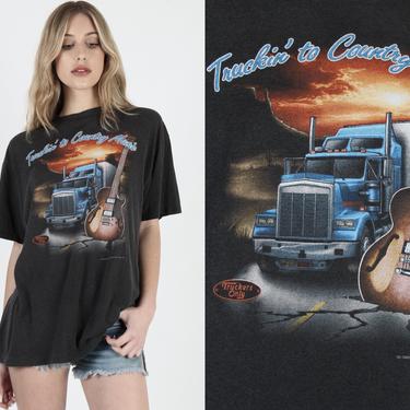 Vintage Truckers Only Trucking To Country Music T Shirt Vintage Truck Stop Black 50 50 3D Emblem AK Arkansas Dealer Tee T Shirt 