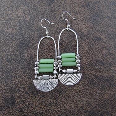 Sea green glass earrings, chandelier earrings, statement earrings, bold earrings, etched metal earrings, tribal ethnic earrings, chic 