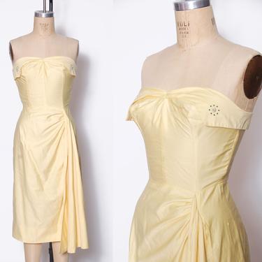 Vintage 50s wiggle dress / strapless cocktail dress / yellow rhinestone party dress  / pin up dress 