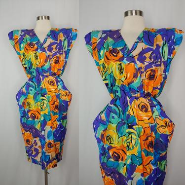 Vintage Eighties Regina Kravitz New York Short Sleeve Structured Floral Print Sheath Dress - 80s Size 4 Purple Orange Print Dress 