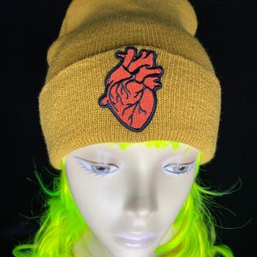 Heart Beanie, Gold Beanie, Heart Patch, Beating Heart, Skully, Unisex, Punk Beanie, Gift For Her, Gift For Him, Heart Organ, Brooklyn Made 
